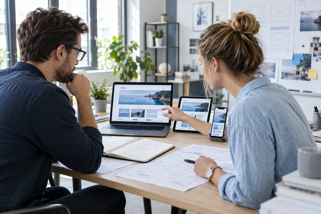 Webdesignerin und Unternehmer prüfen eine responsive Webseite auf mehreren Geräten